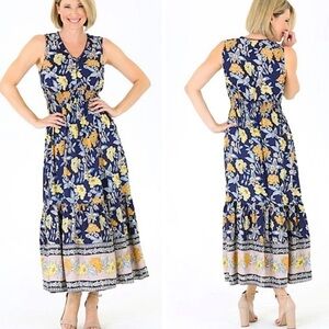 Lola P Floral Boho Sleeveless Maxi Dress in Multi color Blue Womens Size L NWT